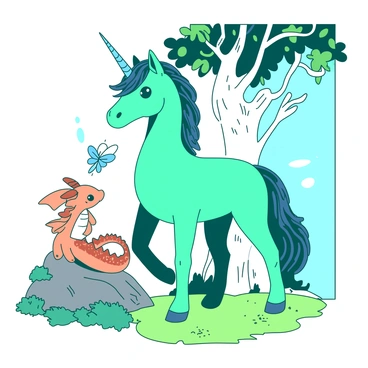 A teal unicorn with a shimmering mane is standing beside a white tree with spiral branches in a magical forest. Nearby, a small orange dragon with glistening scales is perched on a rock, looking curiously at a white fairy with delicate wings fluttering above a blue flower. The ground is covered with vibrant green moss, and soft light filters through the canopy of colorful leaves above.