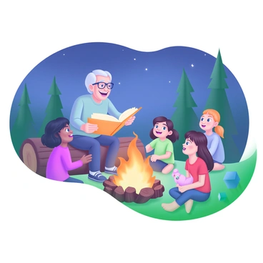 An elderly person with gray hair and glasses sits on a log, animatedly telling a story. Surrounding them are several children of diverse backgrounds, sitting cross-legged on the ground, their faces illuminated by the warm glow of the campfire. The campfire crackles with orange and yellow flames, casting flickering shadows. In the background, tall pine trees rise against the night sky, which is speckled with stars. Some of the children lean forward, captivated by the story, while others have wide, curious eyes, clutching a small plush toy. The atmosphere is cozy and lively, filled with the spirit of storytelling.