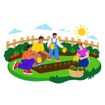 A family of four is tending to their vegetable garden. The parents are kneeling down, carefully planting young seedlings in neat rows while smiling at each other. The children, a boy and a girl, are enthusiastically watering the plants with bright yellow watering cans. Surrounding the garden are green, leafy plants with vibrant tomatoes, cucumbers, and peppers growing. The garden is enclosed with a rustic wooden fence, and the sun is shining brightly overhead, casting cheerful light across the scene. A basket filled with fresh vegetables sits nearby, ready for the family to enjoy.