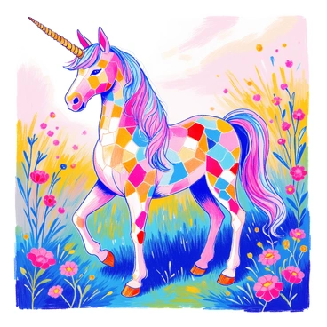 A unicorn stands gracefully, its body composed of intricate glass tiles in a vibrant mosaic. The unicorn's mane flows like a cascade of colorful tiles, blending shades of blue, pink, and gold. Its horn is a spiraled masterpiece of shimmering glass, catching the light in a dazzling display. The background features a lush green meadow with wildflowers, enhancing the brilliance of the mosaic. The sunlight casts a warm glow, highlighting the textures and colors of the unicorn's mosaic form.