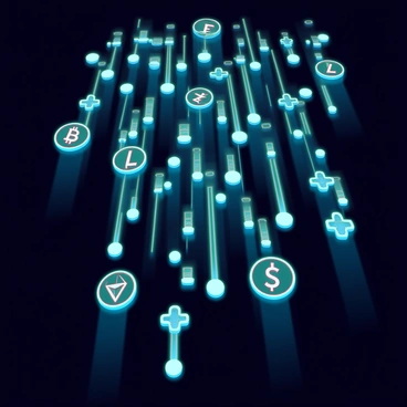 A matrix of glowing cryptocurrency symbols cascading down like digital rain. The symbols, including Bitcoin, Ethereum, and Litecoin, are illuminated in vibrant green, blue, and gold hues, creating a striking contrast against a dark background. Each symbol appears to float and drift downward, with trails of light following them as they move. The overall effect resembles a high-tech interface, with the symbols blending seamlessly into each other, creating a mesmerizing flow of digital currency.