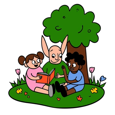 A house-elf with large ears and big eyes, named "Dobby," is playing with two children in a sunny park. The park is filled with green grass and colorful flowers. Dobby is smiling as he shares stories with the children, who are laughing joyfully. One child is a light-skinned girl with big eyes and brown hair in pigtails, wearing a pink dress. The other child is a dark-skinned boy with big eyes and short curly hair, wearing a blue t-shirt and shorts. They are sitting under a large, leafy tree, surrounded by the warmth of the sun.