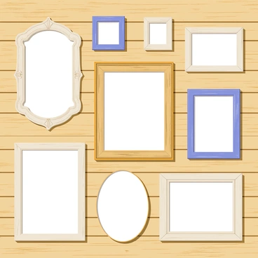 A rustic wooden wall with a weathered appearance, showcasing several empty frames of varying shapes and sizes. The frames include a large ornate rectangular frame in the center, flanked by two smaller oval frames on either side. At the top, a pair of small square frames sit above the larger ones. Each frame has a distinct texture, with some featuring peeling paint and others displaying a natural wood finish. The wall has visible knots and grains, adding to its rustic charm.