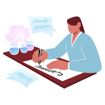 A calligrapher is sitting at a wooden desk, focused on creating elegant letters. The calligrapher has a delicate hand, poised over a crisp sheet of white paper. A finely-crafted fountain pen is in their grasp, gliding smoothly across the paper's surface. In the background, there are various ink pots filled with different shades of ink. A few practice sheets scattered nearby display intricate lettering styles. A soft, ambient light illuminates the scene, enhancing the atmosphere of concentration and artistry.