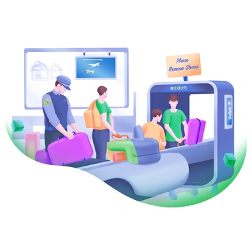 A modern pastel illustration depicting passengers going through security checks at an airport. The scene features a security checkpoint with a conveyor belt where luggage is being scanned. Several passengers are in line, some removing their shoes and belts while placing their bags on the belt. A uniformed security officer is monitoring the process, while a digital display board shows flight information in the background. There are signs indicating "Security Check" and "Please Remove Shoes," creating a clear airport environment.