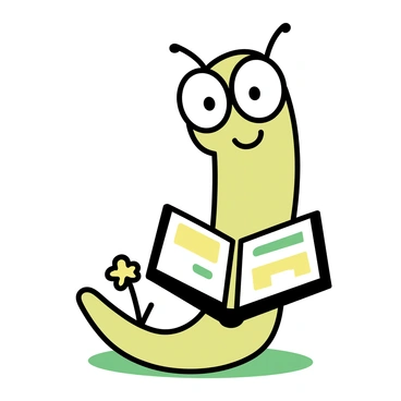 A cartoon nematode with a friendly expression, featuring large round glasses perched on its head. The nematode is elongated with a smooth, light green body and a subtle smile. It is sitting upright on a small patch of grass, holding an open book in its front section. The pages of the book are brightly colored, displaying various illustrations. The background includes a few simple, stylized flowers nearby, adding to the lighthearted scene.