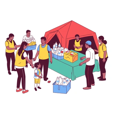 A group of volunteers wearing bright yellow vests is actively distributing supplies at a relief camp after a tsunami. There are boxes of food supplies stacked on a teal table, while some volunteers are handing out bottled water to individuals in need. In the background, a red tent is set up, providing shelter for families who have been affected. Several people, including children and adults, are gathered around, expressing gratitude as they receive essential items. The scene captures the spirit of community support and resilience in the face of disaster.