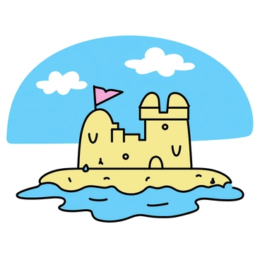 A heart-shaped sandcastle is positioned near the shoreline, with its towers rising prominently. The sandcastle is adorned with small seashells and pebbles, giving it a decorative touch. Gentle waves are lapping at the edge of the sand, creating a small pool of water in front of the sandcastle. A clear blue sky with a few fluffy white clouds stretches overhead, and the golden sand surrounds the castle, reflecting the warm sunlight.