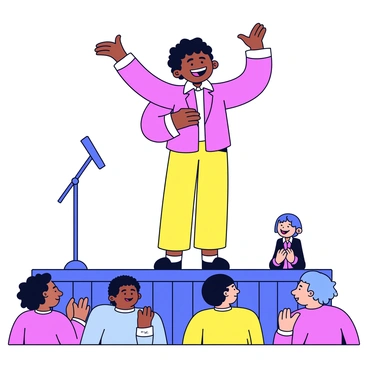 A comedian standing on a small stage wearing a brightly colored outfit. The comedian has a wide smile and large, expressive eyes. Their arms are raised in exaggerated gestures as they mimic a humorous scenario. The audience is visible in the foreground, laughing and clapping. The background features simple, cartoonish stage decorations like a microphone stand and colorful curtains.