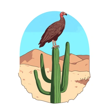 A brown turkey vulture is perched atop a tall green cactus in a desert environment. The cactus has several long, sharp arms extending outward, and the sun casts a warm glow over the scene. In the background, there are small sandy hills and a bright blue sky, creating contrast with the vulture's dark feathers. The vulture is looking around, with its wings slightly spread as if preparing to take flight.