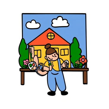 A child with light skin and short brown hair is standing in front of a wall, painting a colorful mural of a school. The child is wearing a yellow t-shirt and denim overalls, holding a paintbrush in one hand and a palette in the other. The mural features a bright, cheerful school building with a blue sky and fluffy white clouds above it. Around the school, there are green trees and flowers in vibrant colors. The child has a focused expression, embodying creativity and determination as they bring their vision to life on the wall.