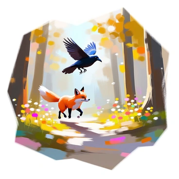 A whimsical forest scene featuring a sleek black crow with glossy feathers flying high above the ground. Below, a clever red fox with a bushy tail is energetically sprinting through the underbrush, its eyes wide with playful determination. The forest is lush with tall, green trees, vibrant leaves, and patches of colorful wildflowers scattered around. Sunlight filters through the branches, casting dappled shadows on the forest floor. The crow caws playfully as it swoops down low, while the fox leaps joyfully, trying to catch up in a humorous chase.