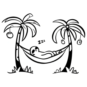 A cartoon sloth, depicted in a relaxed position, is snoozing on a hammock suspended between two palm trees. The hammock is gently curved, showcasing the sloth's body comfortably nestled in it. The palm trees have long, arching fronds, creating a tropical atmosphere. There are coconuts hanging from the trees, and the ground below is dotted with leaves and small plants. "Zzz" is stylized above the sloth, indicating peaceful sleep.