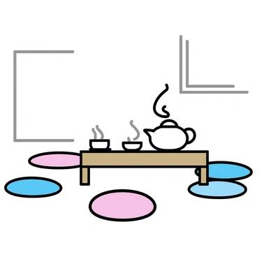 A tea room featuring a low wooden table placed in the center. Around the table are several round cushions in various pastel colors. On the table sits a white ceramic teapot with steam rising from its spout. The room has light-colored walls and a window allowing soft natural light to enter. There are two cups beside the teapot, each with a matching saucer.