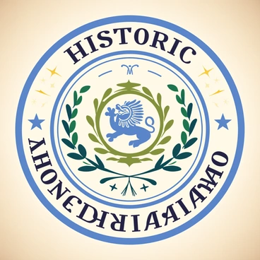An ornate seal with intricate designs represents a historic confederation. The seal is circular with a prominent crest in the center featuring a detailed depiction of a mythical creature. Surrounding the creature are laurel leaves, symbolizing victory and unity. The outer edge of the seal displays the words "Historic Confederation" in elegant, flowing script. The seal has ornamental flourishes and small stars interspersed throughout the design. It is presented on a textured parchment background, enhancing its antique appearance.