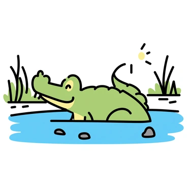 A large crocodile, with vivid green scales and a wide mouth, is lurking in a river. The crocodile has a whimsical expression, with its eyes open wide and a slight grin on its face. It is partially submerged in the water, with only its head and part of its back visible above the surface. The river is surrounded by lush greenery, with tall grasses and scattered rocks along the banks. The scene captures the crocodile's playful demeanor in its natural habitat.