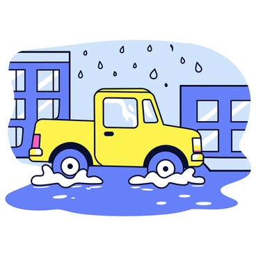 A bright yellow truck is splashing through puddles on a rainy city street. The truck has large wheels that send up sprays of water as it drives. Raindrops fall from a gray sky, creating ripples on the surface of the puddles. The street is lined with tall buildings that have reflective windows, showcasing the rainy atmosphere. The ground is shiny and wet, mirroring the colorful scene.