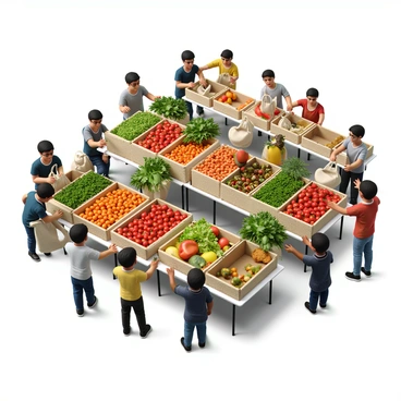 A bustling farmers market filled with activity and vibrant colors. Stalls are lined with fresh vegetables, including bright red tomatoes, leafy green lettuce, and orange carrots. Vendors are interacting with customers, some handing over bags filled with produce while others are arranging their goods on tables. The scene captures shoppers examining the vegetables, with a few children in the foreground, pointing excitedly at a display of colorful peppers. The atmosphere is lively and energetic, encapsulating the essence of a community gathering.