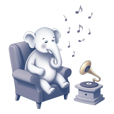 An elephant, resembling Babar, is seated comfortably on a plush armchair. He has a gentle expression, with his ears slightly perked up as he listens intently. Next to him, a vintage gramophone with a brass horn is prominently displayed, its base intricately detailed. Musical notes are illustrated as they float gracefully through the air around him, each note distinct and whimsically arranged. The scene captures a sense of tranquility, with Babar fully immersed in the music emanating from the gramophone.
