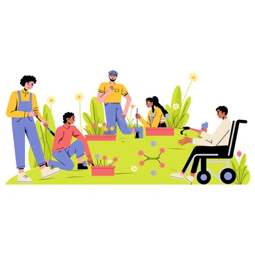 A diverse group of five individuals is gardening together in a vibrant community garden. One person, a woman with curly hair and glasses, uses a long-handled tool to reach into the garden bed. Next to her, a man with a beard and a blue hat is kneeling and planting colorful flowers using a kneeling pad. A young girl with braids is using a small trowel to dig in the soil, while a person in a wheelchair is managing a raised garden bed with adaptive tools designed for easy access. The scene is filled with green plants, blooming flowers, and gardening tools scattered around, creating a lively and inclusive atmosphere.