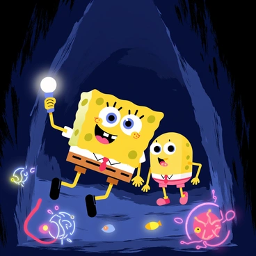 SpongeBob SquarePants and Patrick Star are cautiously exploring a dark trench. The trench is filled with various glowing creatures, illuminating the surroundings with vibrant light. SpongeBob, with his characteristic square shape and cheerful expression, holds a flashlight in his hand, casting a beam of light ahead. Patrick, with his round body and goofy grin, follows closely behind, peering curiously at the glowing creatures. The glowing creatures include jellyfish with luminescent tentacles and small fish that shimmer in different colors. The trench walls are rocky and uneven, adding to the mystery of the scene. The atmosphere is filled with a sense of adventure as they navigate through the eerie but captivating environment.