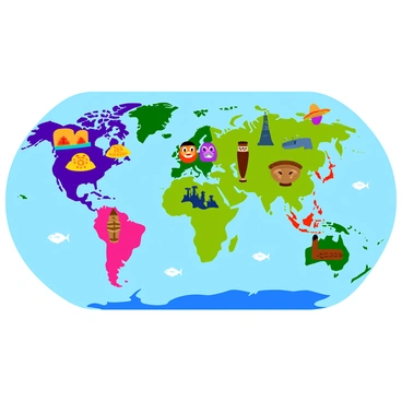 A colorful world map featuring distinct regions, each decorated with illustrations representing various cultures and traditions from around the globe. The map displays vibrant depictions of traditional clothing, iconic landmarks, and cultural symbols, such as a Chinese dragon, a Native American totem, and an African tribal mask. Each continent is adorned with specific artifacts, like a matryoshka doll for Europe and a sombrero for South America. The oceans are filled with small illustrations of marine life, while borders between countries are marked with bold, clear lines. The entire scene is lively and engaging, showcasing the rich diversity of cultures in a bright and inviting way.