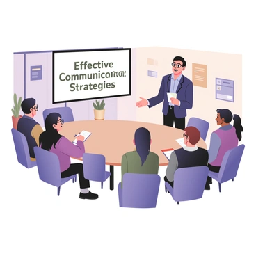 A digital flat illustration featuring a corporate trainer standing at the front of a conference room. The trainer is a middle-aged man with short black hair and glasses, wearing a navy blue suit and a light blue shirt. He is gesturing toward a large screen that displays the text "Effective Communication Strategies" in bold letters. In the room, there are several round tables arranged with chairs, and a diverse group of participants seated and attentive. Some participants are taking notes, while others are looking up at the screen. The walls of the conference room are adorned with motivational posters and there is a window with natural light coming in. A potted plant is placed in the corner of the room.