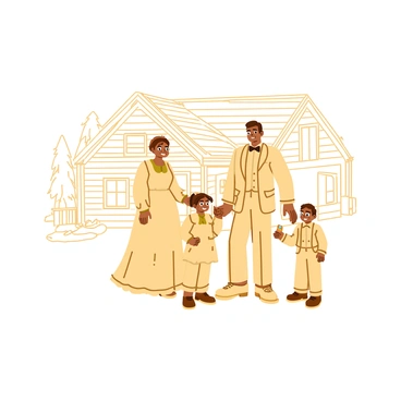 A sepia-toned family photo featuring a group of five individuals standing together in front of a rustic wooden house. Each family member is dressed in early 20th-century clothing, with a woman in a long, flowing dress and a man in a suit with a bowtie. The children, two boys and a girl, are positioned playfully around the adults, with one boy holding a small toy. In the background, the wooden house has a slanted roof, and a few trees can be seen framing the scene. The entire image is defined by clear, intricate outlines that bring out the details of their clothing and facial expressions, creating a striking line drawing effect.