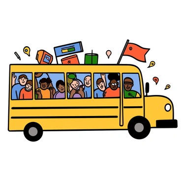 A brightly colored bus is filled with a diverse group of international students. The students have varying skin tones, hair types, and styles of clothing representing their different cultures. Some students are smiling and waving through the bus windows, while others are engaged in conversation with each other. Inside the bus, there are travel books and flags from different countries scattered around. The atmosphere is lively, and the students are excited about their cultural exchange trip.