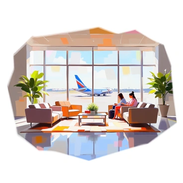 A spacious airport lounge featuring large windows that provide a clear view of the runway. The lounge is filled with comfortable seating options, including plush armchairs and modern sofas arranged around low tables. Soft lighting creates a welcoming atmosphere, and travelers can be seen relaxing or working on their devices. In the background, planes are visible taxiing and taking off from the runway outside. Green plants are placed throughout the space, adding a touch of nature to the interior.