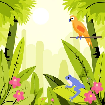 A dense jungle scene filled with tall pixelated trees featuring blocky green leaves. Sunlight filters through the canopy, casting geometric shadows on the ground. Exotic creatures, such as a bright orange pixelated parrot perched on a branch and a blue pixelated frog sitting on a large leaf, are scattered throughout the scene. Vivid flowers with pixelated petals bloom in various colors, adding to the vibrant atmosphere of the jungle.