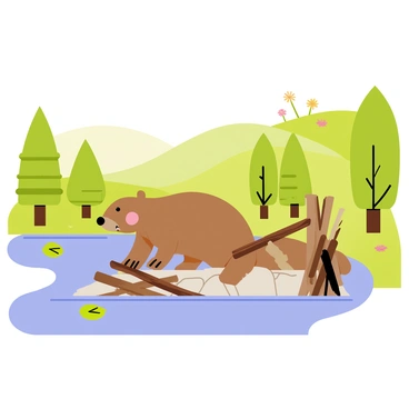 A busy beaver is constructing a dam in a flowing river. The beaver has a thick, brown fur coat and a large, flat tail. Sticks and branches are piled around the beaver as it expertly places them in the water. The river water is clear and reflects the blue sky above. Lush green trees line the banks of the river, with some leaves floating gently on the surface. In the background, there are soft, rolling hills covered in grass and wildflowers, completing the peaceful Canadian landscape.