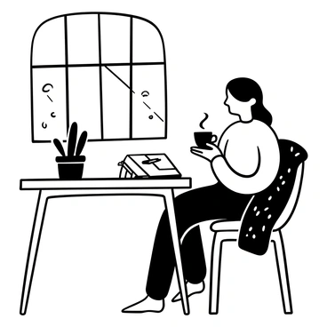 A person seated at a wooden table, holding a steaming cup of tea in one hand. A journal is open in front of them, with a pen resting on the pages. Sunlight streams through a large window, casting light patterns on the table. A small potted plant sits beside the journal, adding a touch of nature to the scene. A cozy blanket is draped over the chair, enhancing the warmth of the peaceful morning atmosphere.