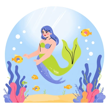 A mermaid with long flowing hair and shimmering scales is positioned underwater, attempting to perform squats. Her tail is elegantly curled, showcasing vibrant colors of blue and green. Surrounding her are a variety of curious fish, including small yellow clownfish and colorful tropical fish, swimming around her in a playful manner. Sunlight filters through the water above, casting dancing reflections on the ocean floor, while coral formations create a natural backdrop.