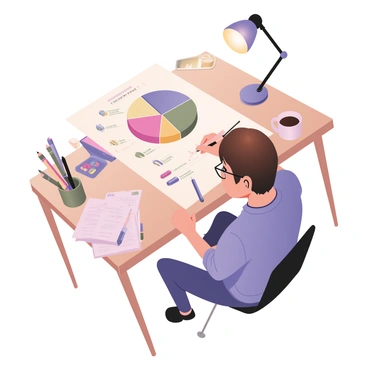 An illustrator drawing a pie chart with segments representing various illustration costs per page