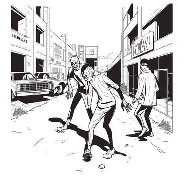A group of zombies with decayed features and tattered clothing is stumbling through a deserted city street. The street is lined with crumbling buildings, their walls showing signs of deterioration and graffiti. One zombie is reaching out with a skeletal hand, while another drags its foot along the cracked pavement. In the background, remnants of abandoned vehicles are partially obscured by overgrown weeds. The atmosphere conveys a sense of desolation and neglect, as the zombies wander aimlessly in the eerie silence.