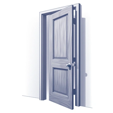 A wooden door with a distinct grain texture. One half of the door is ajar, creating a slight gap, while the other half remains closed. The frame of the door is sturdy, with visible hinges on the side. There are shadows cast by the door's position, enhancing the dimensional appearance. The surrounding wall is plain, providing a stark contrast to the door’s intricate details.