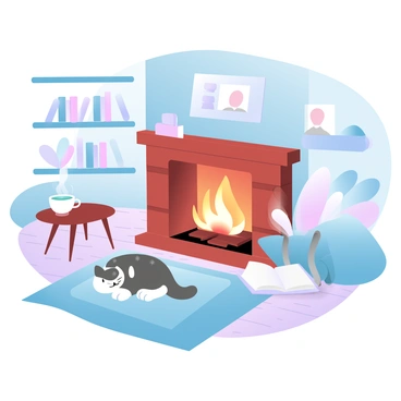 A cozy living room features a crackling fireplace with bright flames dancing. In front of the fireplace, a soft area rug lies on the wooden floor. A sleeping cat, curled up peacefully, rests on the rug, surrounded by plush cushions. A small side table holds a steaming cup of tea and an open book. Warm, ambient light fills the room, enhancing the inviting atmosphere. Shelves lined with books and framed photographs decorate the walls, adding a personal touch to the space.