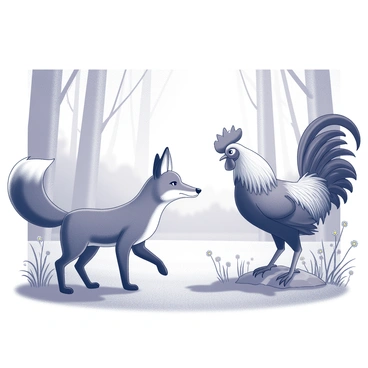 A clever fox with a bushy tail is standing on all fours, its ears perked up with curiosity. It is facing a proud rooster that stands tall, feathers fluffed out, displaying its vibrant plumage with confidence. The forest clearing is filled with tall grasses and scattered wildflowers. Sunlight filters through the trees, casting dappled shadows on the ground. The fox's eyes are bright and attentive, while the rooster looks slightly elevated, perhaps perched on a low rock or stump, emphasizing its proud demeanor. The scene captures the interaction between the two animals in a natural setting.