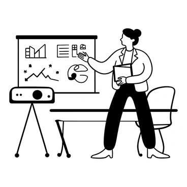 A woman wearing a tailored blazer and chic pants stands confidently in front of a digital projector displaying graphs and charts. The projector casts a bright light onto a nearby white screen. She holds a folder in one hand while gesturing with the other, emphasizing her points. The background includes a modern conference room setting with a sleek table and contemporary chairs.