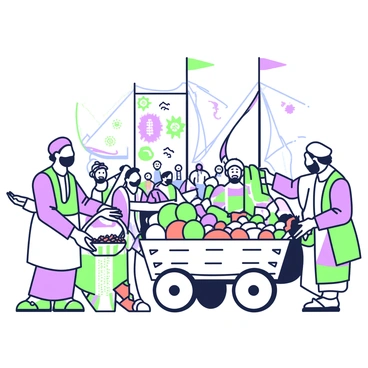 A bustling port scene featuring merchants from different cultures exchanging goods. On the left, a merchant with traditional attire is inspecting a basket of spices, while beside him, another merchant dressed in colorful garments is showcasing intricate textiles. A wooden cart filled with various fruits is nearby, displaying an assortment of items. In the background, tall masts of ships can be seen, along with a crowd of people engaged in lively conversation and trade. A large banner with symbols representing various cultures hangs overhead, adding to the vibrant atmosphere.