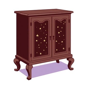 An antique cabinet made of dark wood features two large doors intricately decorated with "star constellations." The cabinet stands on four elegantly carved legs, and the surface has a polished finish that highlights its vintage charm. The star constellations are painted in a contrasting "color_1" and "color_2," creating an eye-catching design against the wood. The cabinet is positioned in a softly lit room, casting subtle shadows that enhance its majestic presence.
