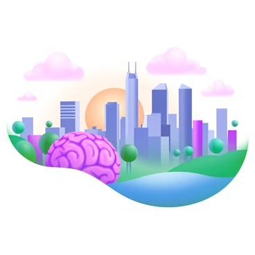 A city skyline with skyscrapers forming the shape of a brain