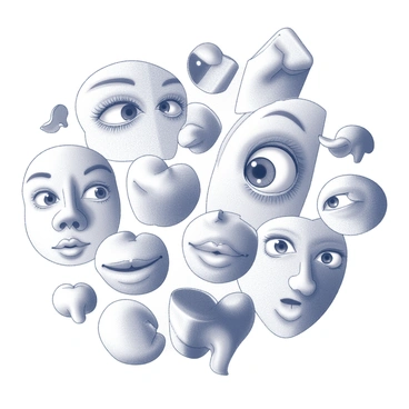 A collage featuring a variety of facial features arranged in a unique composition. The image includes several pairs of eyes, each with distinct shapes and expressions, interspersed with a range of noses of different sizes and styles. Various types of mouths are placed strategically, showcasing different expressions such as smiles and frowns. The features are cut out and layered over a neutral background, creating a dynamic interplay of shapes and sizes, inviting the viewer to explore the artistic arrangement.