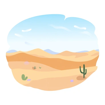 A vast desert landscape under a clear blue sky at midday. The ground is covered in golden sand, creating gentle undulating dunes in the distance. Shimmering heat waves rise from the surface, distorting the horizon. Sparse vegetation, including a few scattered cacti, can be seen in the foreground. A solitary rock formation stands against the backdrop of distant dunes. The overall scene captures the stark beauty of the desert environment.