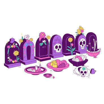 A vibrant collection of decorated tombstones is arranged in a row for a "Day of the Dead" celebration. Each tombstone features intricate designs with various patterns and colorful motifs. Some tombstones are adorned with bright "marigolds" and candles, while others display "skulls" painted in vivid colors. Nearby, there are "offerings" laid out on small altars, showcasing flickering candles and traditional sweets. The scene captures the essence of the celebration with an array of lively decorations.