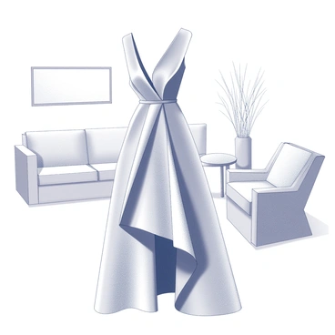 A dress designed with intricate origami folds, showcasing a dynamic and sculptural silhouette. The fabric appears to be lightweight, creating sharp angles and layered textures. The dress is set in a spacious environment with minimal furniture and decor. The focus is on the elegant form and craftsmanship of the garment, emphasizing the unique shapes created by the folds. The background remains uncluttered, allowing the dress to stand out as the central element of the composition.