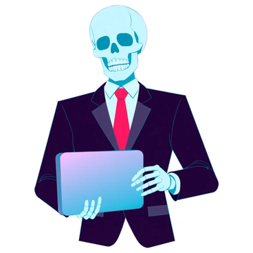 A polished skull with a gleaming surface, dressed in a sharp black business suit that has a fitted silhouette. The suit features a crisp white dress shirt and a bold red tie that adds a pop of color. The skull's hollow eye sockets convey a sense of determination. In its bony fingers, it firmly holds a sleek, metallic briefcase, which reflects light. The background is a futuristic office environment with sleek lines and high-tech elements.