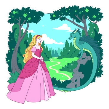 A princess with a flowing pink gown is standing confidently at the edge of a lush, vibrant green forest. Her long golden hair cascades down her back as she gazes intently at a large teal dragon perched on a rocky outcrop nearby. The dragon has shimmering scales that catch the light and eyes that sparkle with intelligence. Surrounding them are tall, ancient trees with twisted branches and glimmering leaves that give the impression of magic. Soft, glowing orbs of light float gently through the air, illuminating the enchanted scene. In the background, a winding path leads deeper into the magical forest, inviting adventure and wonder.