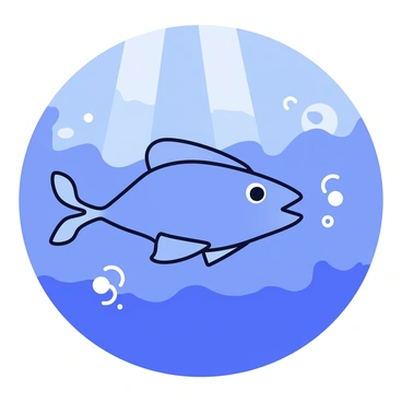 An anglerfish with a wide mouth and sharp teeth is swimming through the ocean. Its bioluminescent lure glows softly, attracting attention. The fish has a streamlined body, with fins that gently sway as it moves through the water. Bubbles trail behind it, creating a sense of motion. The background features varying shades of blue representing the ocean depths, with light rays filtering through the surface.